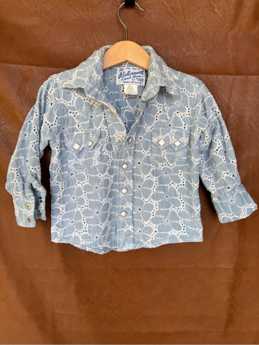 Rockmount Ranch Wear Kids XS Blue Eyelet Western Pearl Snap Shirt Made USA